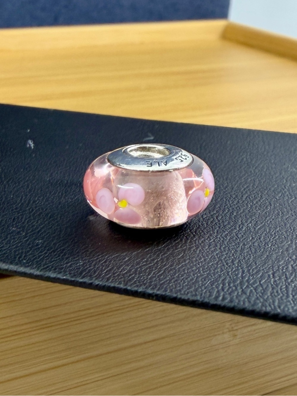PANDORA Sterling Silver 925 ALE "Pink Flower" Yellow Murano Glass Charm; RETIRED